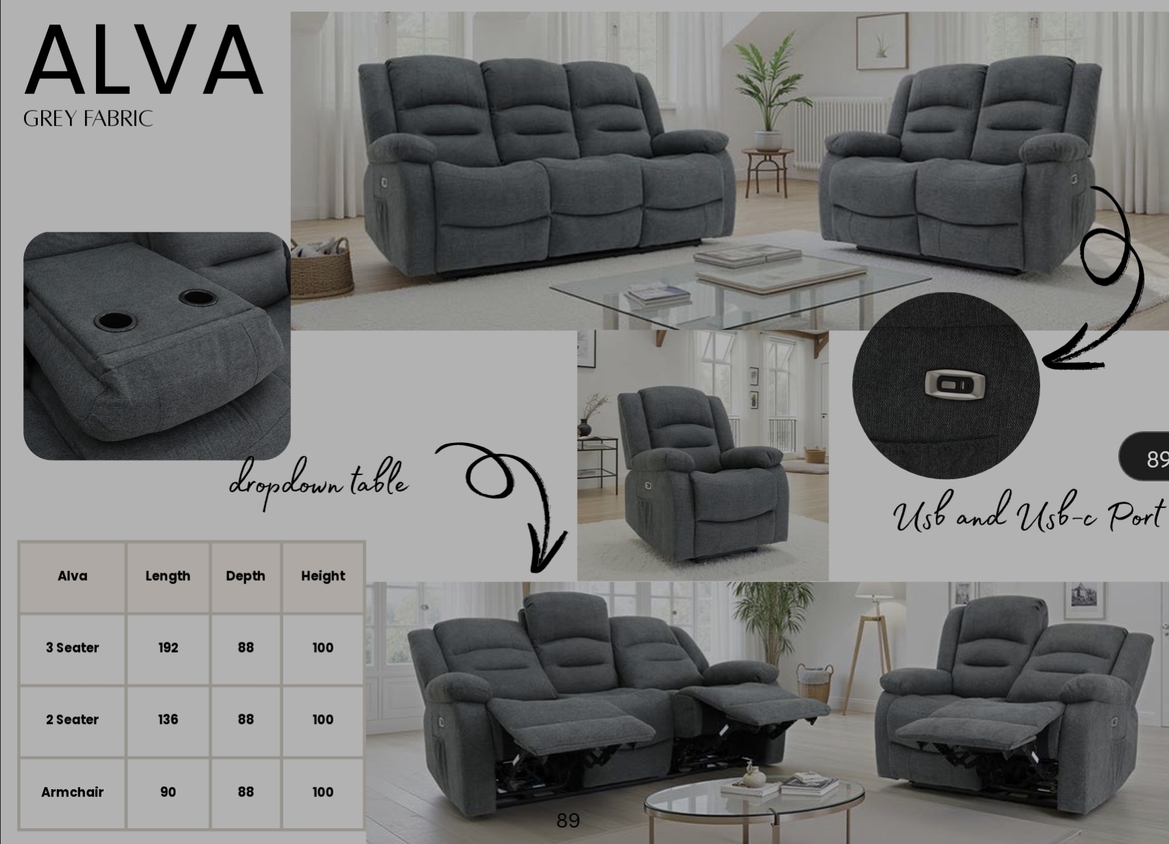The Avia electric reclining sofas . Colours- Grey and black