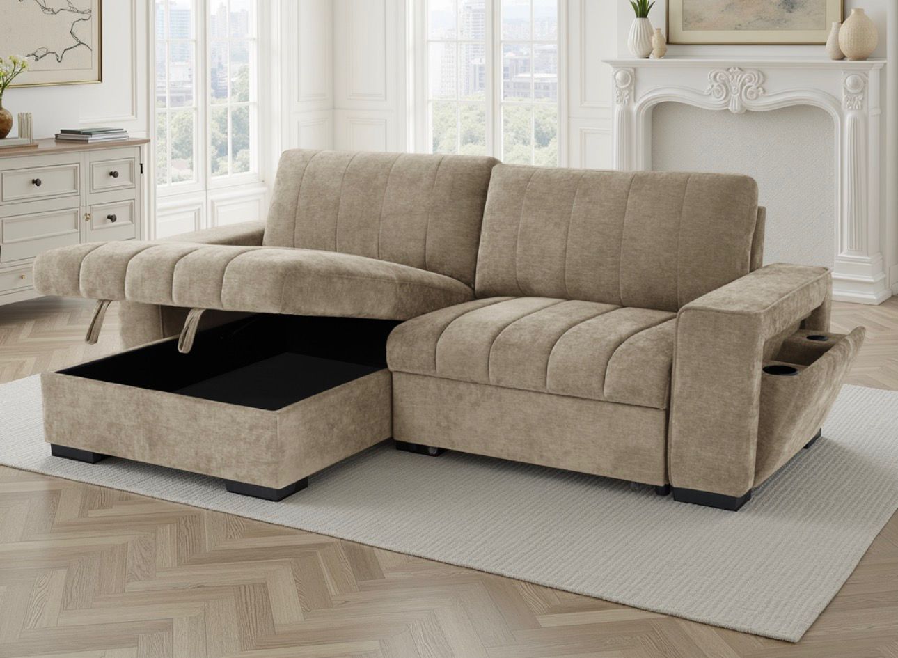 FRANKLIN   *UNIVERSAL SOFABED*  *STORAGE COMPARTMENT WITH CUPHOLDER AND TYPE USB/ C CHARGING PORT*  *GREY OR BEIGE