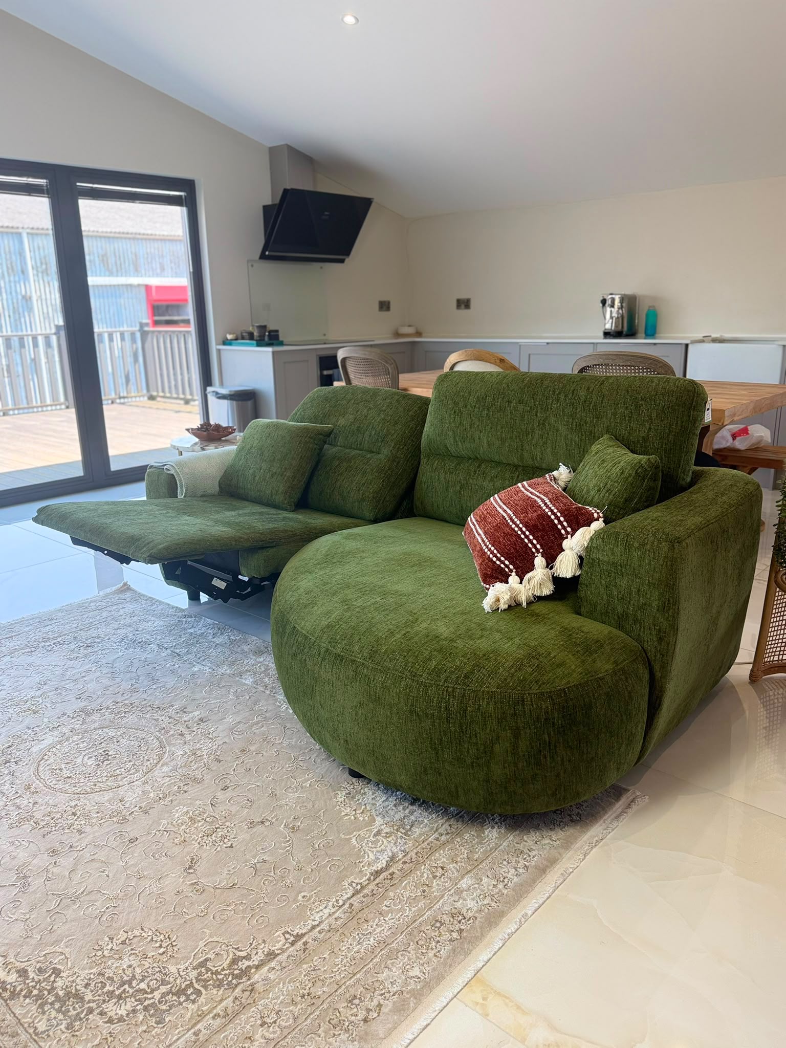 Denver Left and Right Hand - green fabric Electric Recliner Sofa with Rounded chaise - colours   Black Green and Grey