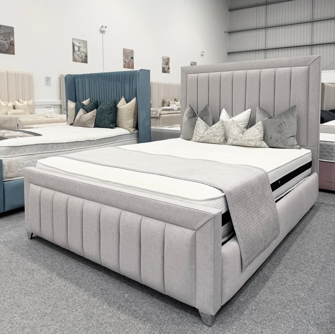Doir Bed Frame - Cream  - Luxury High Panel Bed with Vertical Fluting