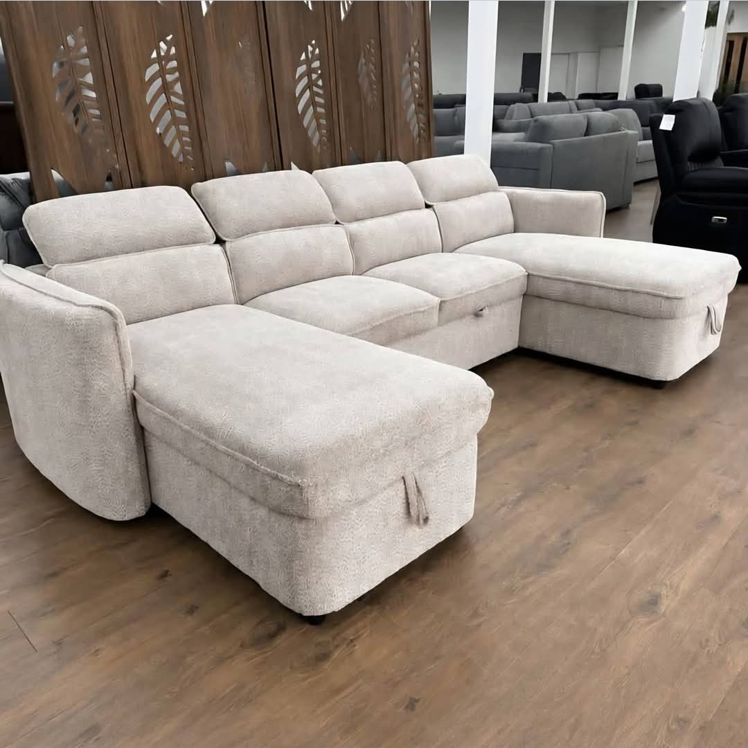 Capri Universal U Shape Sofabed - Pull-Out Sofa Bed with Storage -Boucle  biege Fabric