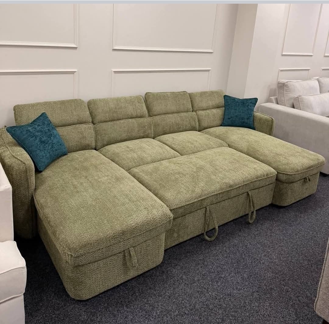 Capri Universal U Shape Sofabed - Pull-Out Sofa Bed with Storage -Boucle  green Fabric