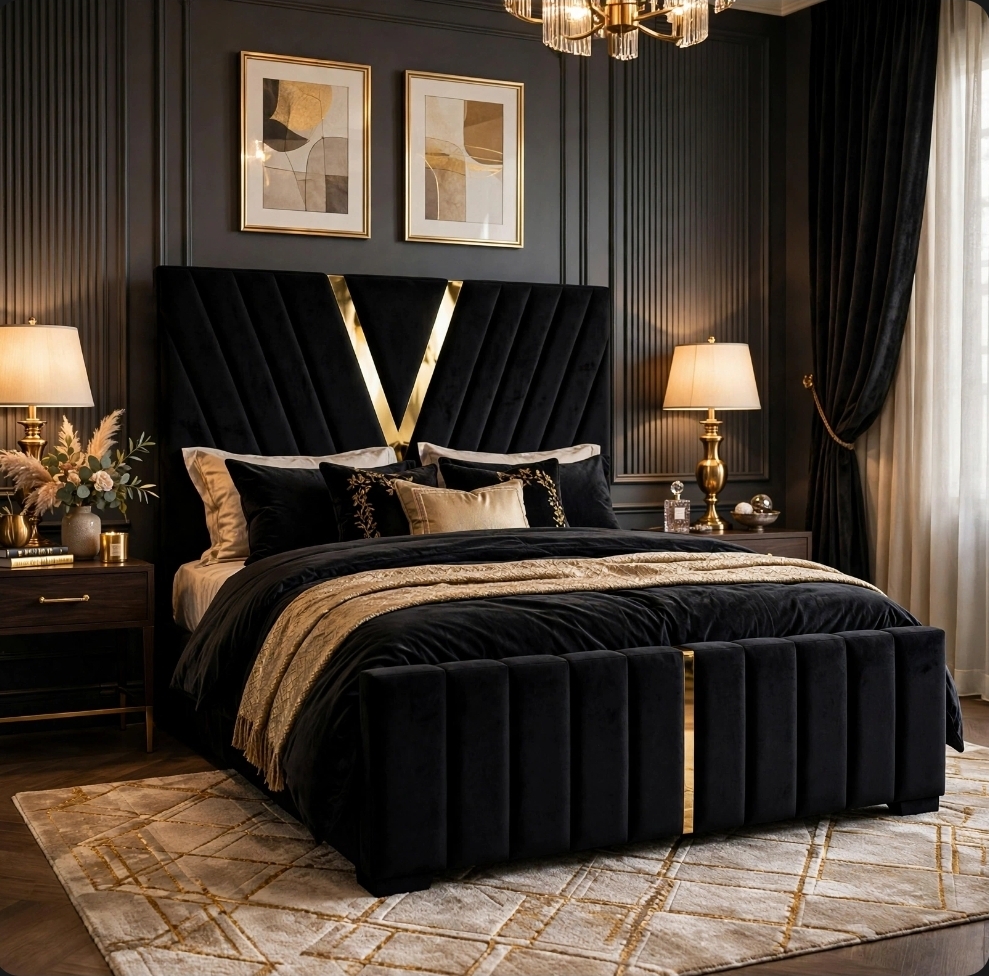 Valentino Bespoke Bed Frame - Black Velvet with Gold V Detail - Luxury Panel Bed