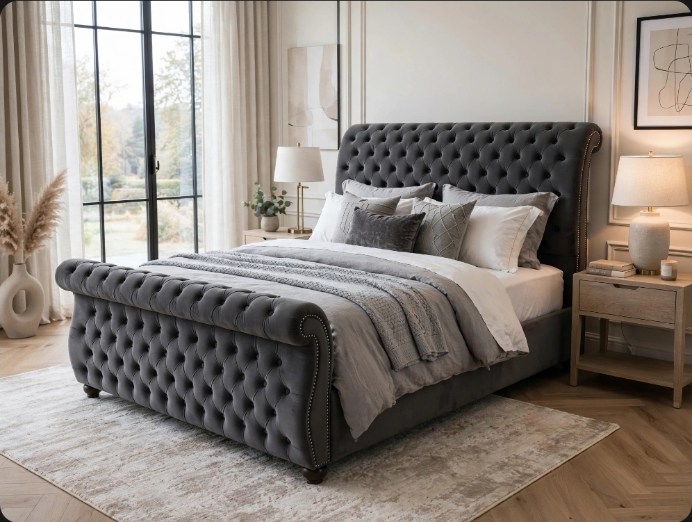 Chesterfield  Sleigh swan Bed - Luxury Chesterfield Bed - Gas Lift & Storage Options - Huge Choice of Colours & Fabrics