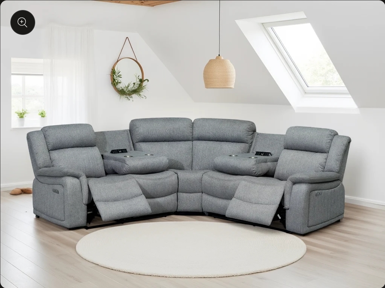 Linden Electric Recliner corner sofa - Grey Fabric - Electric Reclining - usb ports- Drink Holders