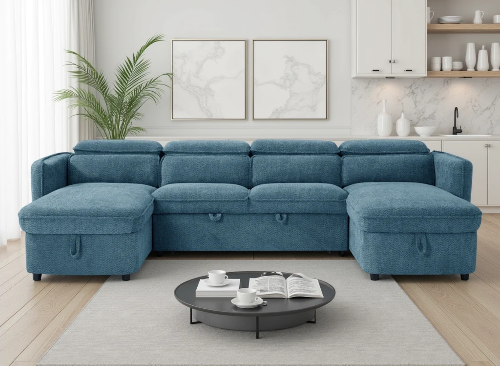 Capri Universal U Shape Sofabed - Pull-Out Sofa Bed with Storage -Boucle blue Fabric